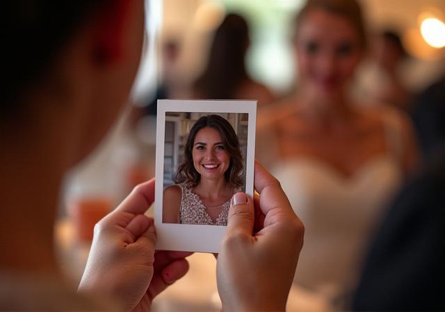 結婚式で自分の写真が印刷されたチェキを嬉しそうに見るゲスト